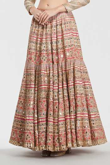 Abhinav Mishra_Multi Color Chanderi, Organza Scoop Neck Mirror Work Lehenga Set _at_Aza_Fashions