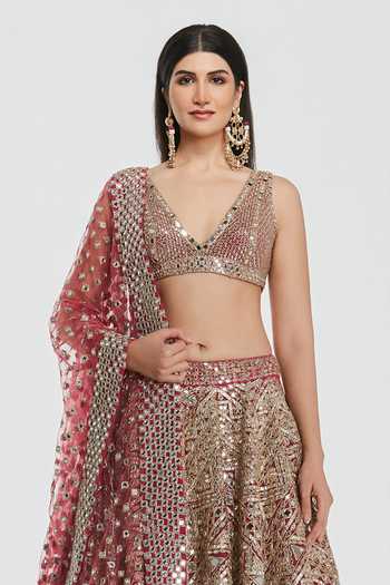 Abhinav Mishra_Pink Net V-neck Zari Embellished Lehenga Set _Online_at_Aza_Fashions