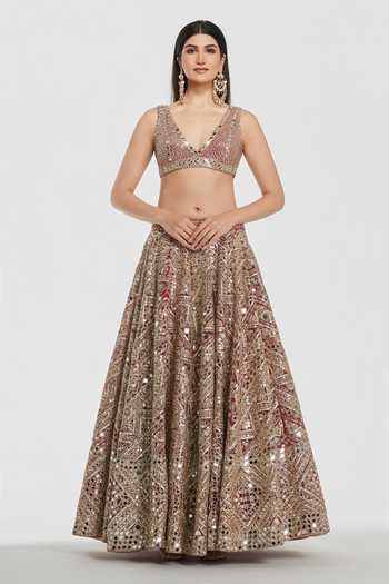 Buy_Abhinav Mishra_Pink Net V-neck Zari Embellished Lehenga Set _Online_at_Aza_Fashions