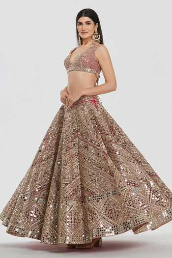 Shop_Abhinav Mishra_Pink Net V-neck Zari Embellished Lehenga Set _Online_at_Aza_Fashions