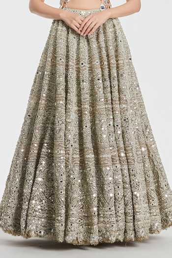 Abhinav Mishra_Gold Net V-neck Mirror Work Lehenga Set _Online_at_Aza_Fashions