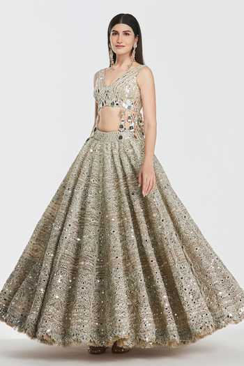 Buy_Abhinav Mishra_Gold Net V-neck Mirror Work Lehenga Set _Online_at_Aza_Fashions