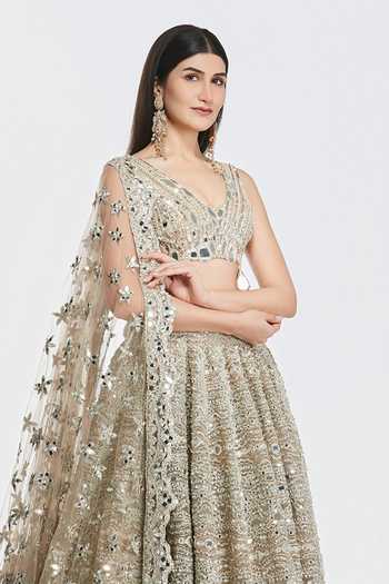 Shop_Abhinav Mishra_Gold Net V-neck Mirror Work Lehenga Set _Online_at_Aza_Fashions