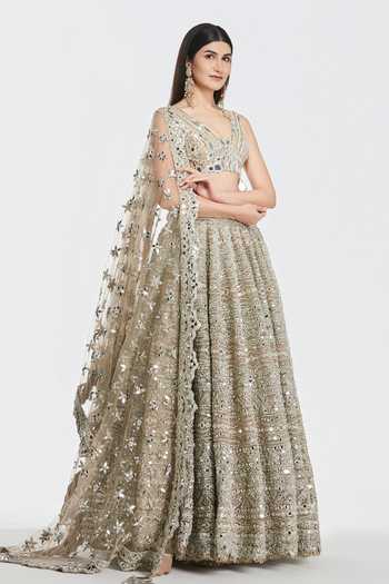 Abhinav Mishra_Gold Net V-neck Mirror Work Lehenga Set _at_Aza_Fashions