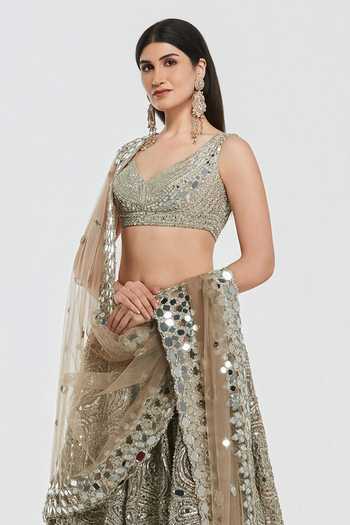 Abhinav Mishra_Gold Net V-neck Mirror Work Lehenga Blouse Set _Online_at_Aza_Fashions