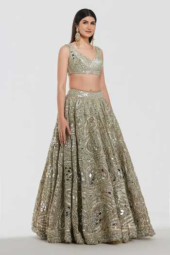 Buy_Abhinav Mishra_Gold Net V-neck Mirror Work Lehenga Blouse Set _Online_at_Aza_Fashions
