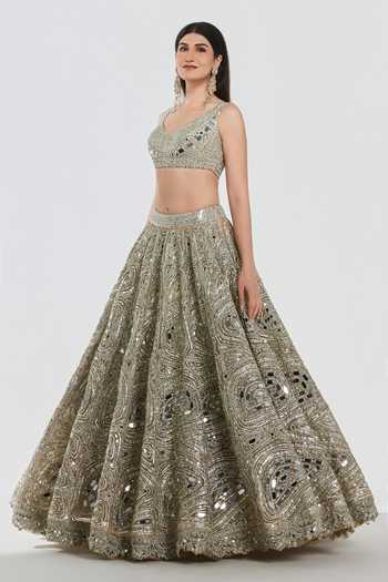 Shop_Abhinav Mishra_Gold Net V-neck Mirror Work Lehenga Blouse Set _Online_at_Aza_Fashions