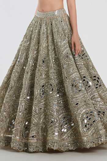 Abhinav Mishra_Gold Net V-neck Mirror Work Lehenga Blouse Set _at_Aza_Fashions