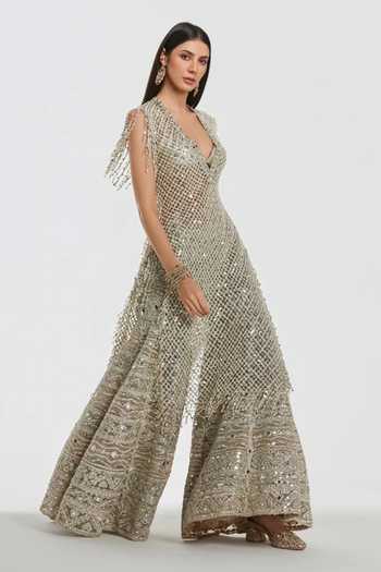 Abhinav Mishra_Ivory Net V-neck Embroidered Kurta And Sharara Set _Online_at_Aza_Fashions