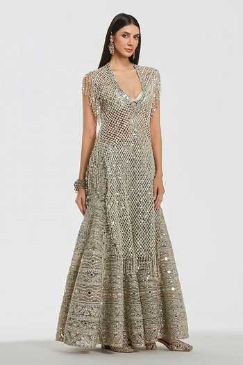 Buy_Abhinav Mishra_Ivory Net V-neck Embroidered Kurta And Sharara Set _Online_at_Aza_Fashions
