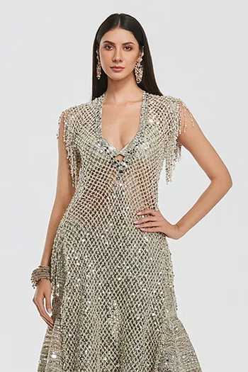 Shop_Abhinav Mishra_Ivory Net V-neck Embroidered Kurta And Sharara Set _Online_at_Aza_Fashions