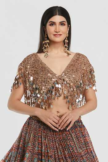 Abhinav Mishra_Gold Net, Organza V-neck Embroidered Blouse With Lehenga _Online_at_Aza_Fashions