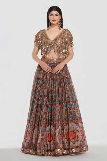 Buy_Abhinav Mishra_Gold Net, Organza V-neck Embroidered Blouse With Lehenga _Online_at_Aza_Fashions