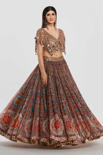 Shop_Abhinav Mishra_Gold Net, Organza V-neck Embroidered Blouse With Lehenga _Online_at_Aza_Fashions