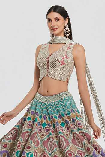 Abhinav Mishra_Multi Color Chanderi V-neck Mirror Embroidered Lehenga Set _Online_at_Aza_Fashions