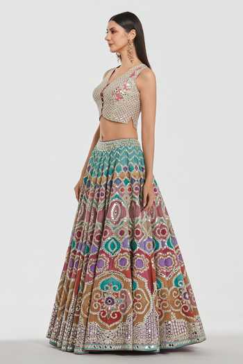 Buy_Abhinav Mishra_Multi Color Chanderi V-neck Mirror Embroidered Lehenga Set _Online_at_Aza_Fashions