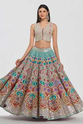 Abhinav Mishra_Multi Color Chanderi V-neck Mirror Embroidered Lehenga Set _at_Aza_Fashions