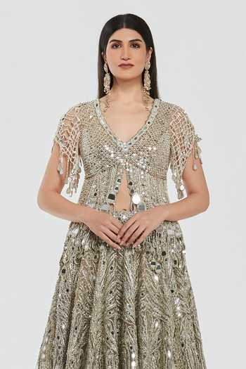 Abhinav Mishra_Gold Net V-neck Mirror Work Blouse And Lehenga Set _Online_at_Aza_Fashions