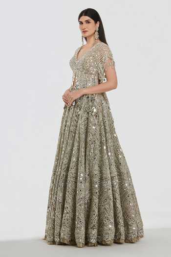 Buy_Abhinav Mishra_Gold Net V-neck Mirror Work Blouse And Lehenga Set _Online_at_Aza_Fashions