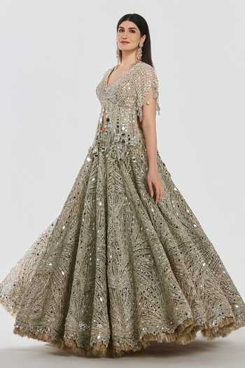 Shop_Abhinav Mishra_Gold Net V-neck Mirror Work Blouse And Lehenga Set _Online_at_Aza_Fashions