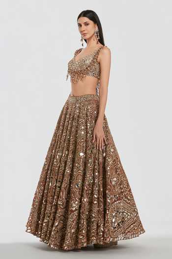 Abhinav Mishra_Brown Net Sweetheart Neck Mirror Work Lehenga Set _Online_at_Aza_Fashions