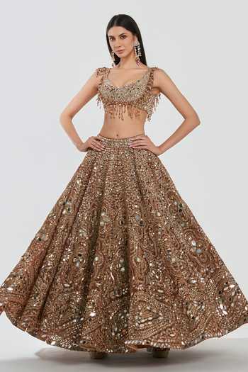 Buy_Abhinav Mishra_Brown Net Sweetheart Neck Mirror Work Lehenga Set _Online_at_Aza_Fashions