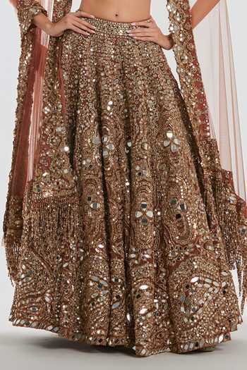 Shop_Abhinav Mishra_Brown Net Sweetheart Neck Mirror Work Lehenga Set _Online_at_Aza_Fashions