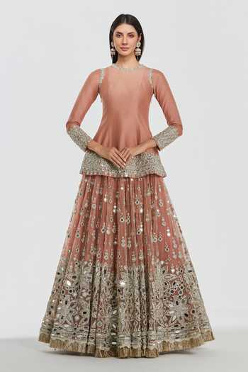 Buy Abhinav Mishra Peach Net, Chanderi Round Neck Placement Embroidered Kurta Lehenga Set Online at Aza Fashions Buy_Abhinav Mishra_Peach Net, Chanderi Round Neck Placement Embroidered Kurta Lehenga Set _Online_at_Aza_Fashions