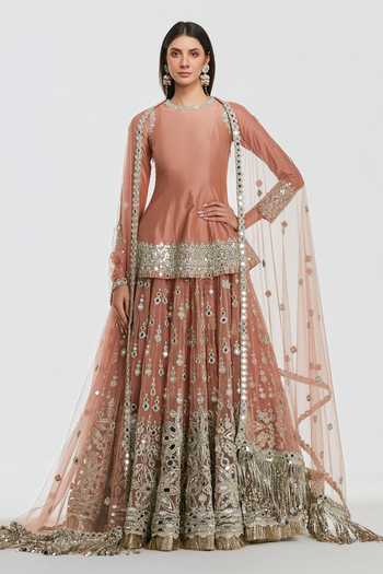 Buy Abhinav Mishra Peach Net, Chanderi Round Neck Placement Embroidered Kurta Lehenga Set at Aza Fashions Buy_Abhinav Mishra_Peach Net, Chanderi Round Neck Placement Embroidered Kurta Lehenga Set _at_Aza_Fashions