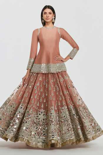 Shop Abhinav Mishra Peach Net, Chanderi Round Neck Placement Embroidered Kurta Lehenga Set Online at Aza Fashions Shop_Abhinav Mishra_Peach Net, Chanderi Round Neck Placement Embroidered Kurta Lehenga Set _Online_at_Aza_Fashions