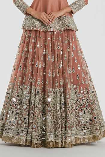 Abhinav Mishra Peach Net, Chanderi Round Neck Placement Embroidered Kurta Lehenga Set at Aza Fashions Abhinav Mishra_Peach Net, Chanderi Round Neck Placement Embroidered Kurta Lehenga Set _at_Aza_Fashions