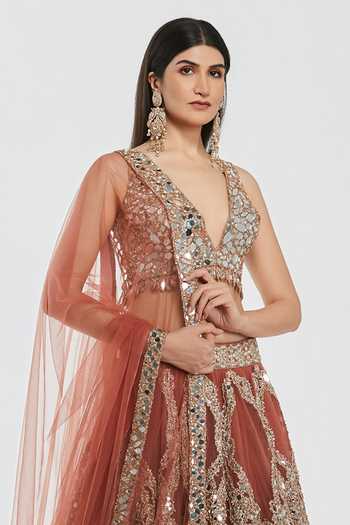 Abhinav Mishra_Brown Net V-neck Mirror Work Blouse Lehenga Set _Online_at_Aza_Fashions