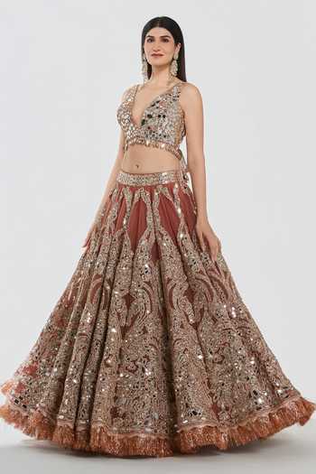 Buy_Abhinav Mishra_Brown Net V-neck Mirror Work Blouse Lehenga Set _Online_at_Aza_Fashions