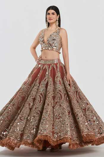 Shop_Abhinav Mishra_Brown Net V-neck Mirror Work Blouse Lehenga Set _Online_at_Aza_Fashions