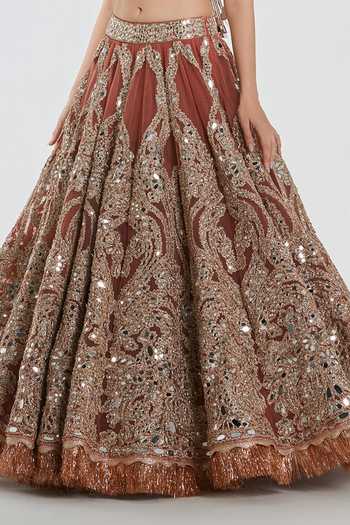 Abhinav Mishra_Brown Net V-neck Mirror Work Blouse Lehenga Set _at_Aza_Fashions