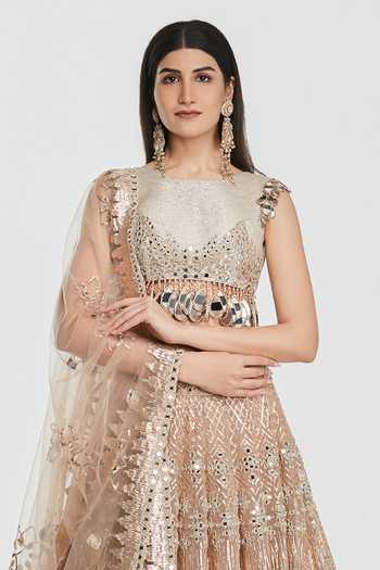 Abhinav Mishra_Peach Net Round Neck Embroidered Lehenga Set _Online_at_Aza_Fashions
