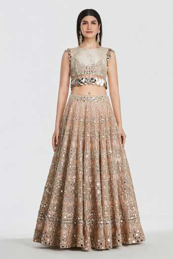 Buy_Abhinav Mishra_Peach Net Round Neck Embroidered Lehenga Set _Online_at_Aza_Fashions