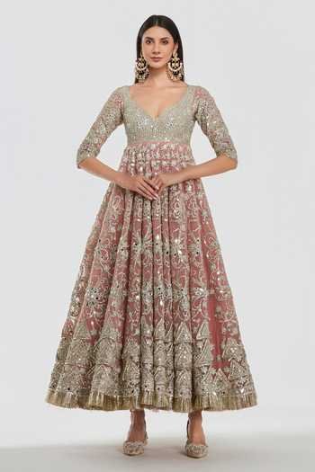 Abhinav Mishra_Pink Net V-neck Mirror Work Anarkali With Dupatta _Online_at_Aza_Fashions