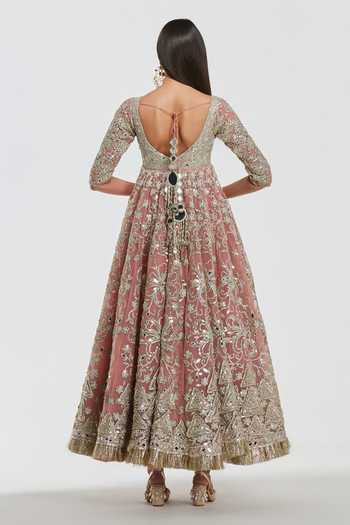 Buy_Abhinav Mishra_Pink Net V-neck Mirror Work Anarkali With Dupatta _Online_at_Aza_Fashions