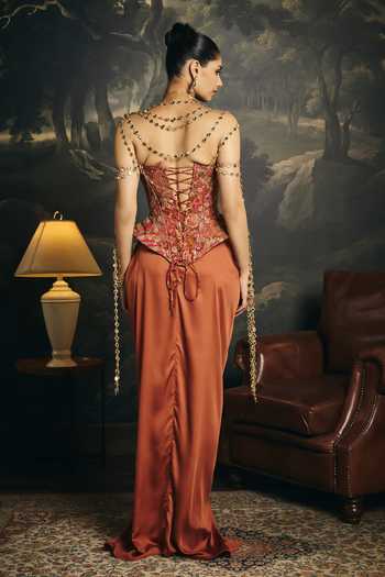 Shop Saanjh By Lea Brown Satin, Brocade Bandeau Neck Ragini Corset And Draped Skirt Set at Aza Fashions Shop_Saanjh By Lea_Brown Satin, Brocade Bandeau Neck Ragini Corset And Draped Skirt Set _at_Aza_Fashions