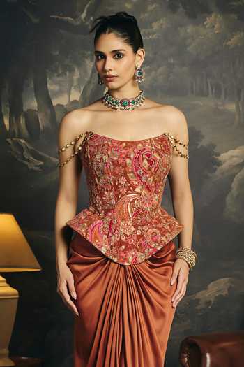 Saanjh By Lea Brown Satin, Brocade Bandeau Neck Ragini Corset And Draped Skirt Set Online at Aza Fashions Saanjh By Lea_Brown Satin, Brocade Bandeau Neck Ragini Corset And Draped Skirt Set _Online_at_Aza_Fashions