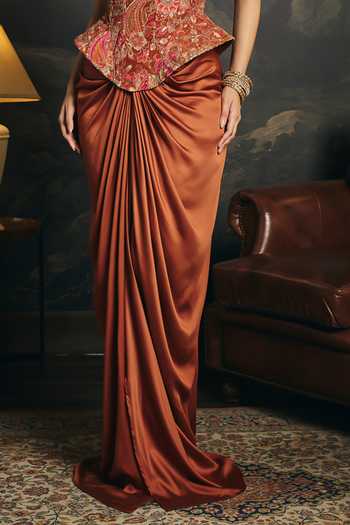 Buy Saanjh By Lea Brown Satin, Brocade Bandeau Neck Ragini Corset And Draped Skirt Set Online at Aza Fashions Buy_Saanjh By Lea_Brown Satin, Brocade Bandeau Neck Ragini Corset And Draped Skirt Set _Online_at_Aza_Fashions