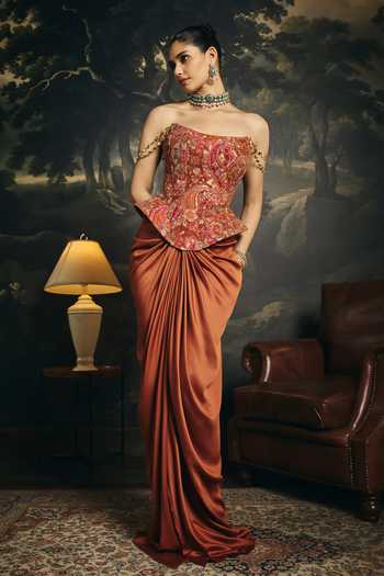 Shop Saanjh By Lea Brown Satin, Brocade Bandeau Neck Ragini Corset And Draped Skirt Set Online at Aza Fashions Shop_Saanjh By Lea_Brown Satin, Brocade Bandeau Neck Ragini Corset And Draped Skirt Set _Online_at_Aza_Fashions