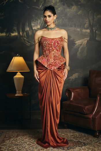 Buy Saanjh By Lea Brown Satin, Brocade Bandeau Neck Ragini Corset And Draped Skirt Set at Aza Fashions Buy_Saanjh By Lea_Brown Satin, Brocade Bandeau Neck Ragini Corset And Draped Skirt Set _at_Aza_Fashions