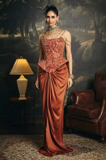Saanjh By Lea Brown Satin, Brocade Bandeau Neck Ragini Corset And Draped Skirt Set at Aza Fashions Saanjh By Lea_Brown Satin, Brocade Bandeau Neck Ragini Corset And Draped Skirt Set _at_Aza_Fashions