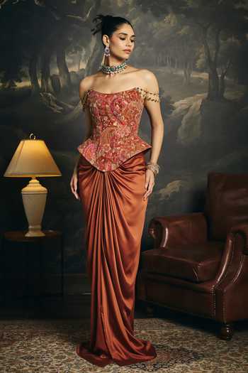 Buy Saanjh By Lea Brown Satin, Brocade Bandeau Neck Ragini Corset And Draped Skirt Set Buy_Saanjh By Lea_Brown Satin, Brocade Bandeau Neck Ragini Corset And Draped Skirt Set