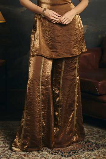 SAANJH BY LEA_Gold Organza Square Neck, Yes Olivia Bronze Y2k Kurta Sharara Set _at_Aza_Fashions