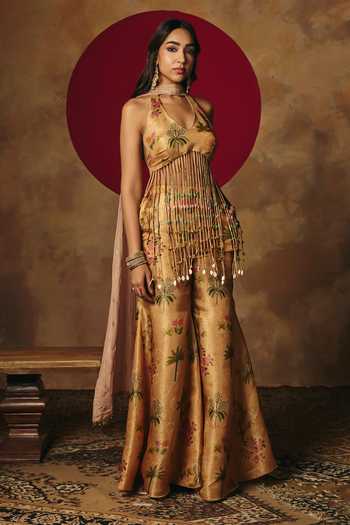 Buy_SAANJH BY LEA_Yellow Tissue Halter Neck, Yes Mira Embroidered Tassel Kurta Sharara Set _Online_at_Aza_Fashions