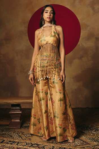 Shop_SAANJH BY LEA_Yellow Tissue Halter Neck, Yes Mira Embroidered Tassel Kurta Sharara Set _Online_at_Aza_Fashions