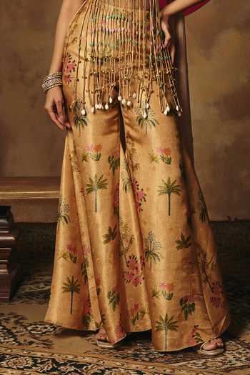 SAANJH BY LEA_Yellow Tissue Halter Neck, Yes Mira Embroidered Tassel Kurta Sharara Set _at_Aza_Fashions